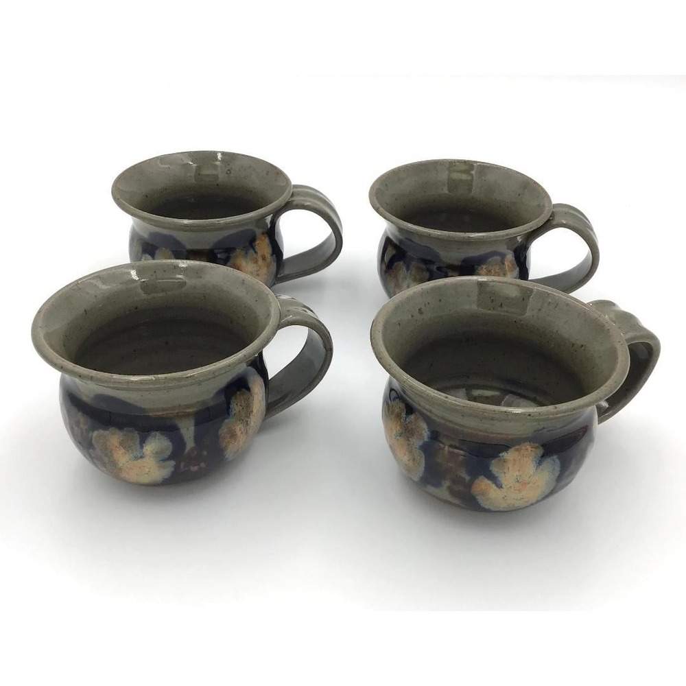 Humphrey Studio Pottery Mugs (4) Blue Grey Floral Glaze Stoneware Farmhouse Boho